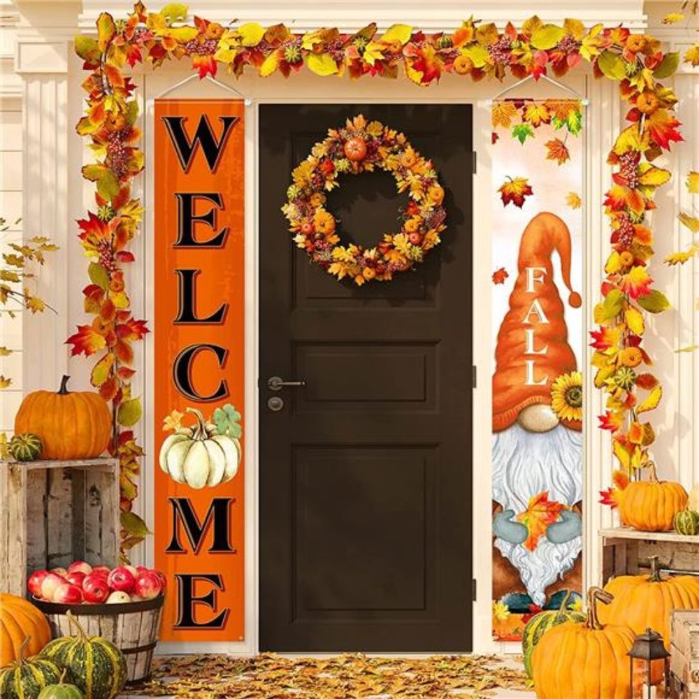 Welcome Porch Banners Door Banner with Pumpkin Maple Leaves Gnome Thanksgiving